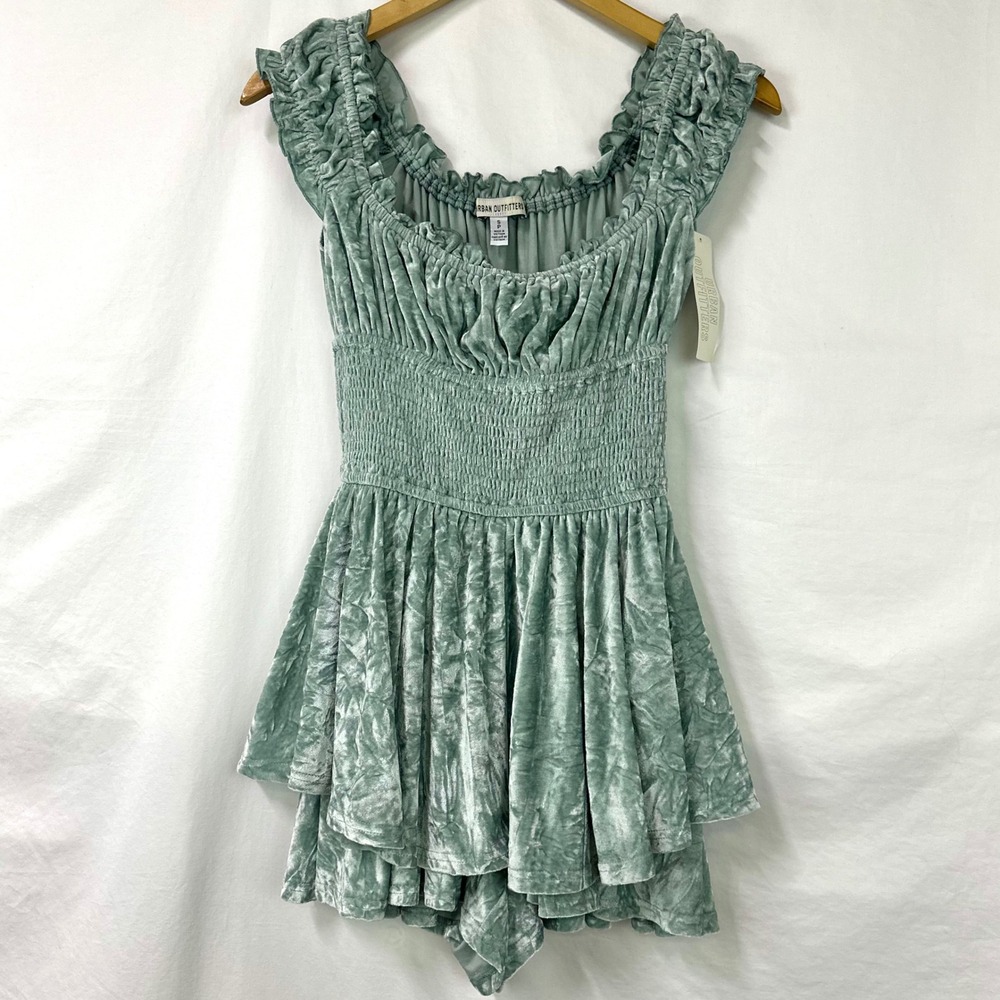 URBAN OUTFITTERS NEW Rosie Smocked Tiered Ruffle Romper Green Velvet Milkmaid S